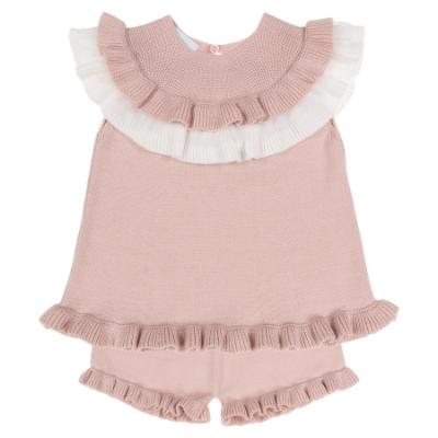 Picture of Granlei  Girls Summer Knit Ruffle Tulle Shorts Set - Dusky Pink White