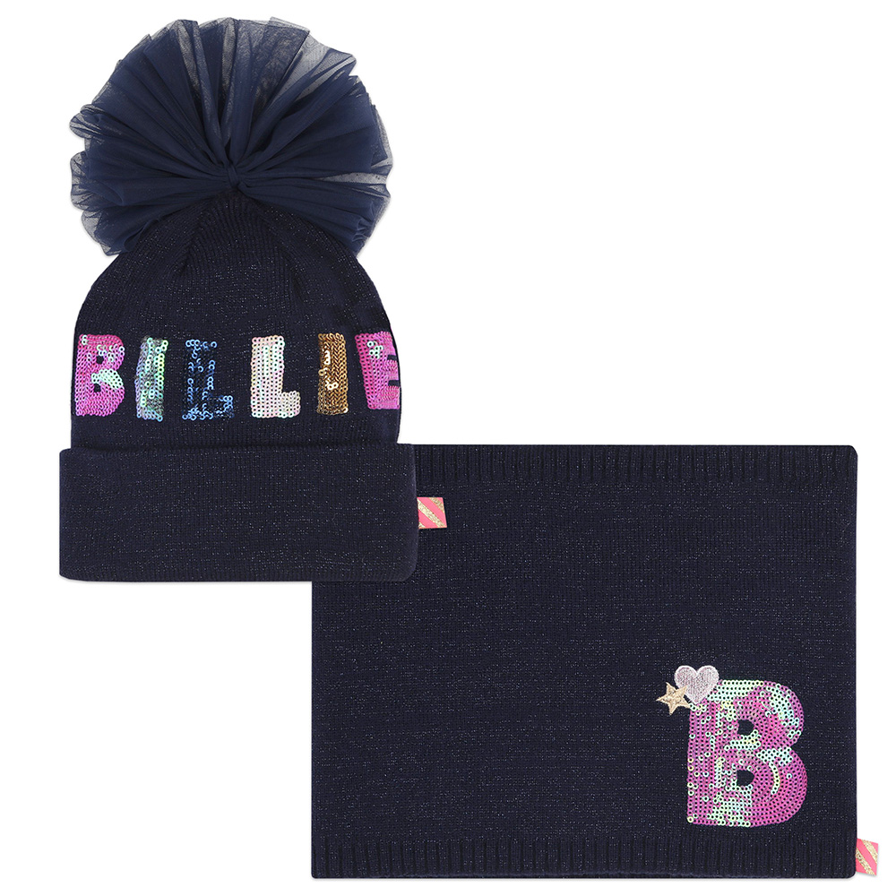 Billieblush Girls Sequin Logo Pom Pom Hat Snood Set Navy