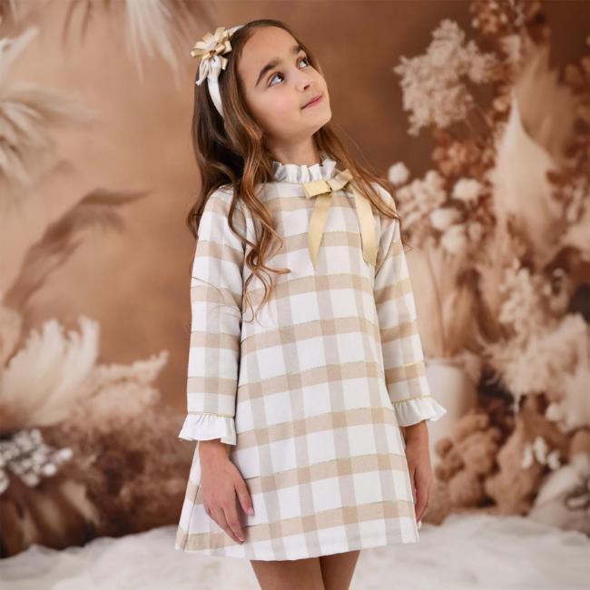 Picture of Rochy Girls Gold Winter Collection A Line Dress - Beige Check Gold