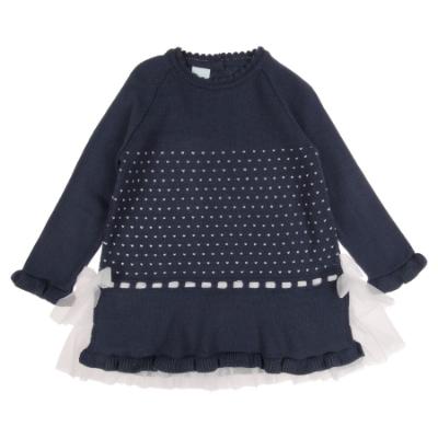 Picture of Granlei  Girls Knit Dress With Tulle Bows - Navy Blue Ivory