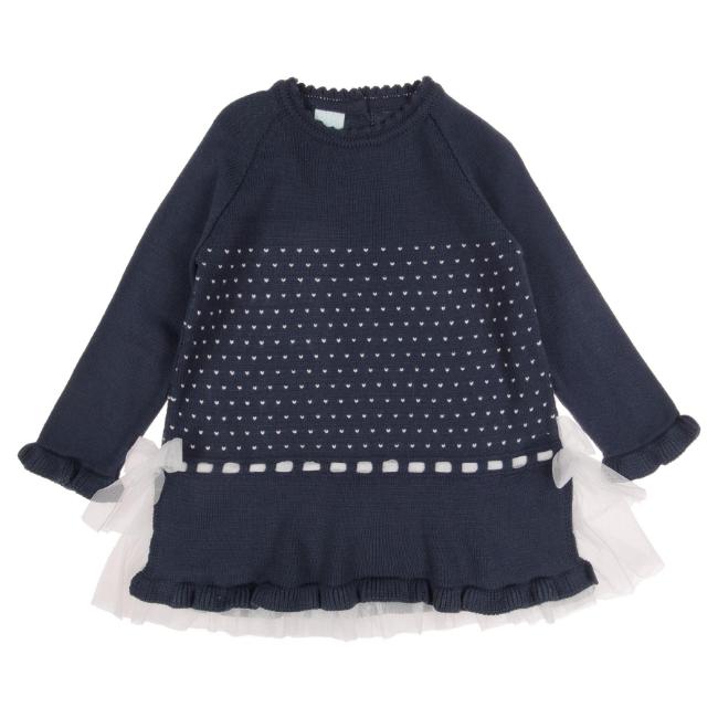 Picture of Granlei  Girls Knit Dress With Tulle Bows - Navy Blue Ivory