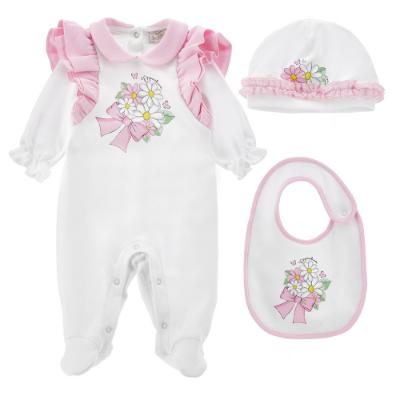 Picture of Monnalisa Bebe Girls Alice In Wonderland Babygrow, Hat & Bib Set - White Pink