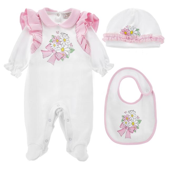 Picture of Monnalisa Bebe Girls Alice In Wonderland Babygrow, Hat & Bib Set - White Pink