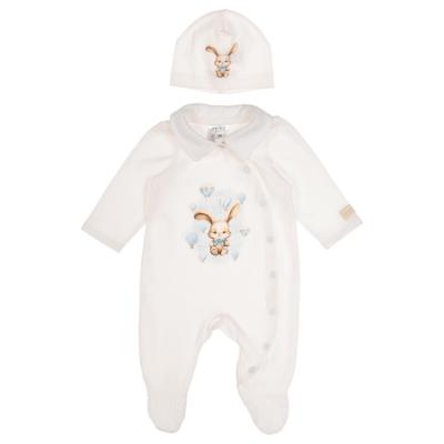 Picture of Jamiks Kids Baby Boys Robin Balloon Bunny Babygrow Hat Swaddle Set X 3 - Ivory Pale Blue 