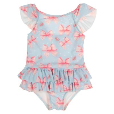 Picture of Daga Girls Magic Bow AOP Print Lycra Swimsuit  - Aqua Blue Coral Pink 