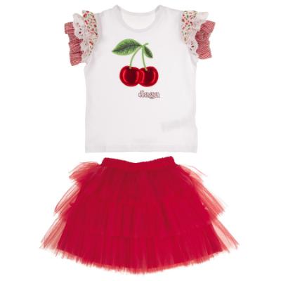 Picture of Daga Girls Fluffy Cherries Applique Top & Tulle Skirt Set X 2 - White Red