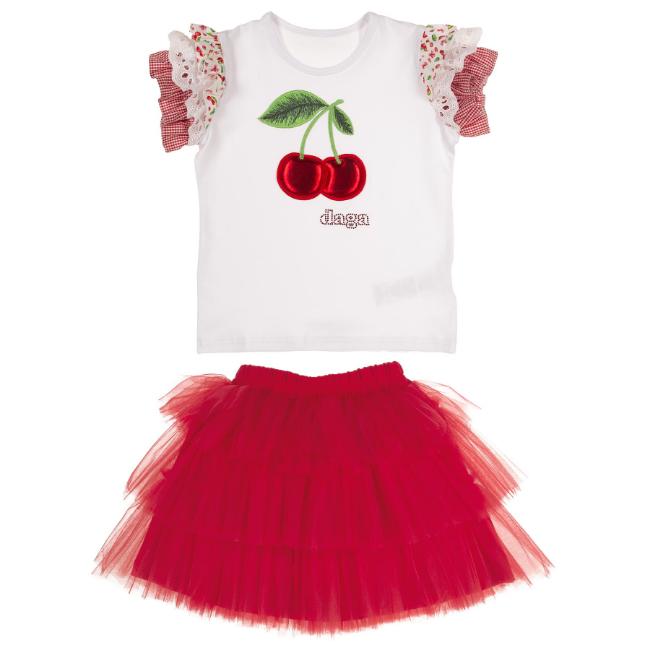 Picture of Daga Girls Fluffy Cherries Applique Top & Tulle Skirt Set X 2 - White Red