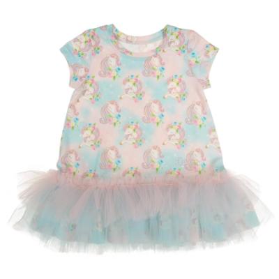 Picture of Daga Girls Unicorns AOP Print Tulle Hem Dress  - Blue Pink