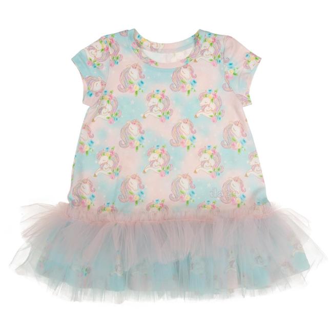Picture of Daga Girls Unicorns AOP Print Tulle Hem Dress  - Blue Pink