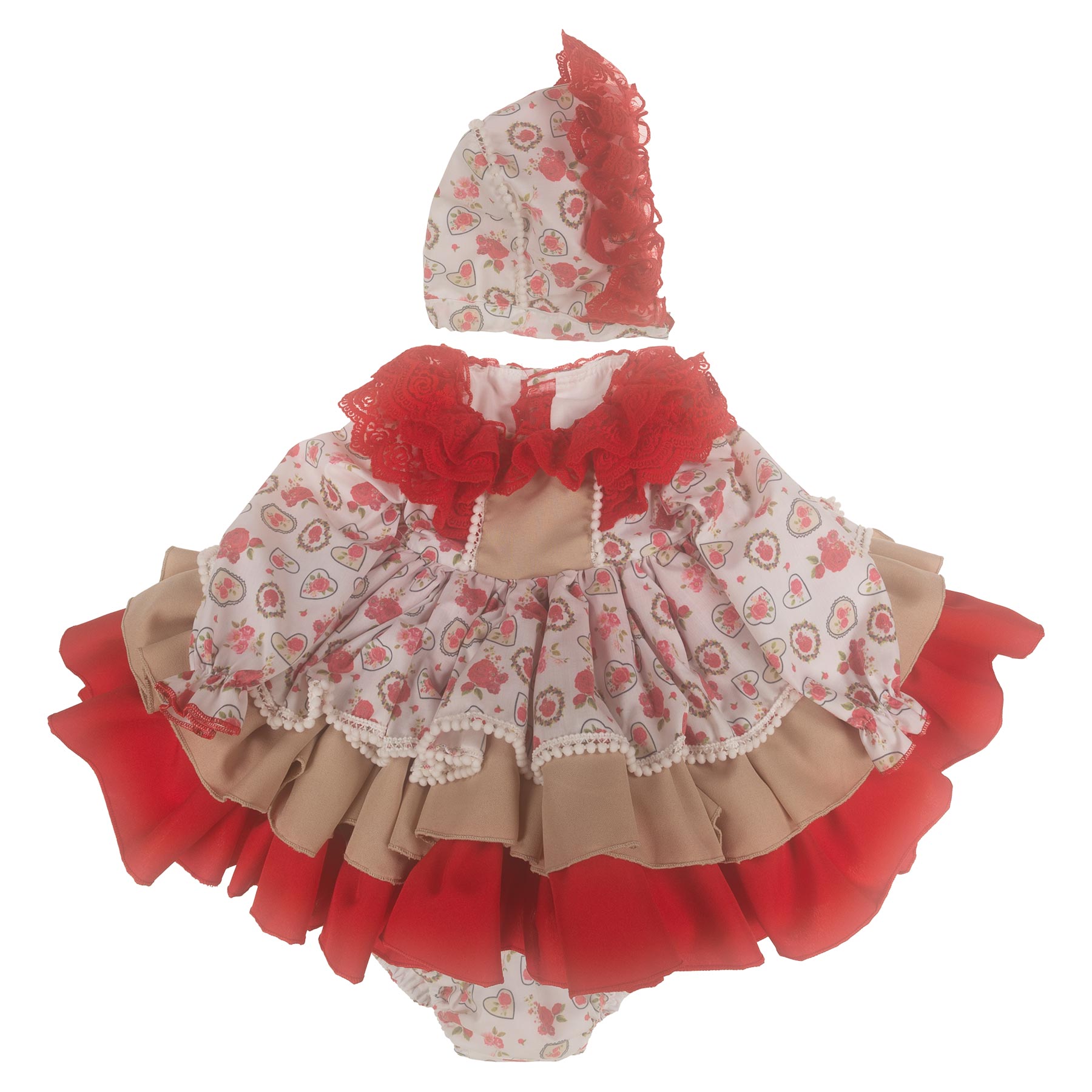 Ela Confeccion Girls Valentine Dress Panties Bonnet Set X 3 - Red Beige.