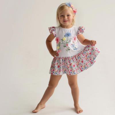 Picture of Daga Girls Flowers Applique Drop Waist Dress - White Pink Blue