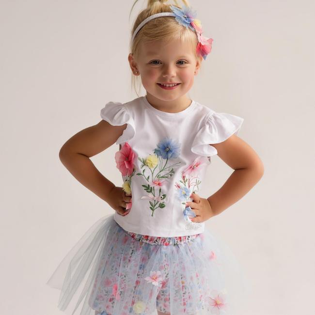 Picture of Daga Girls Flowers Applique Top & Tulle Skort Set X 2 - White Pink Blue 