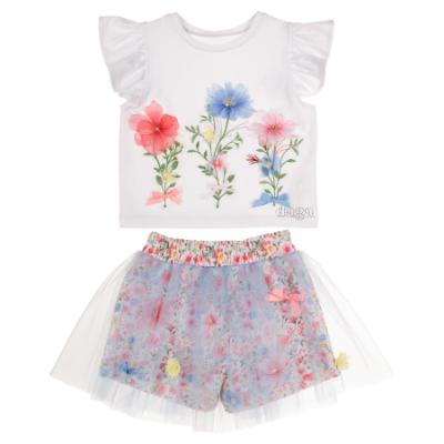 Picture of Daga Girls Flowers Applique Top & Tulle Skort Set X 2 - White Pink Blue 
