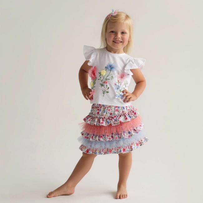 Picture of Daga Girls Flowers Applique Top & Ruffle Skirt Set X 2 - White Pink Blue 
