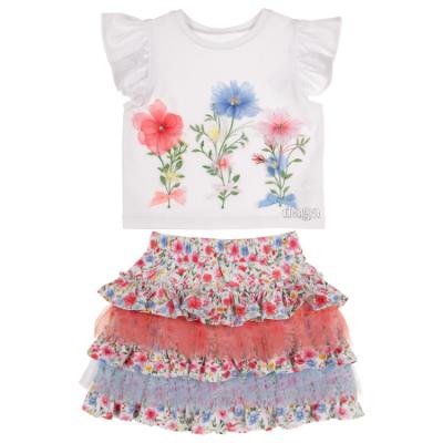 Picture of Daga Girls Flowers Applique Top & Ruffle Skirt Set X 2 - White Pink Blue 
