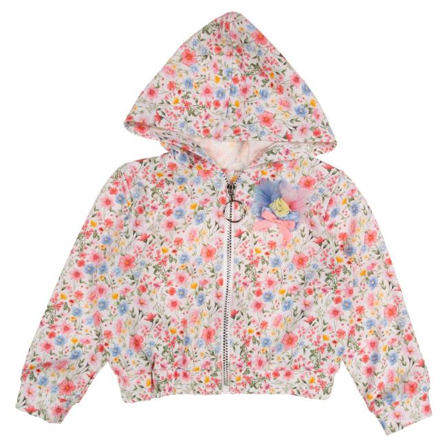Picture of Daga Girls Flowers AOP Print Hooded Bomber Jacket - White Pink Blue