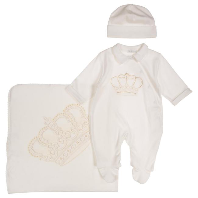 Picture of Sofija Baby Boys Prince Babygrow Hat Swaddle Set x 3 - Ivory Gold