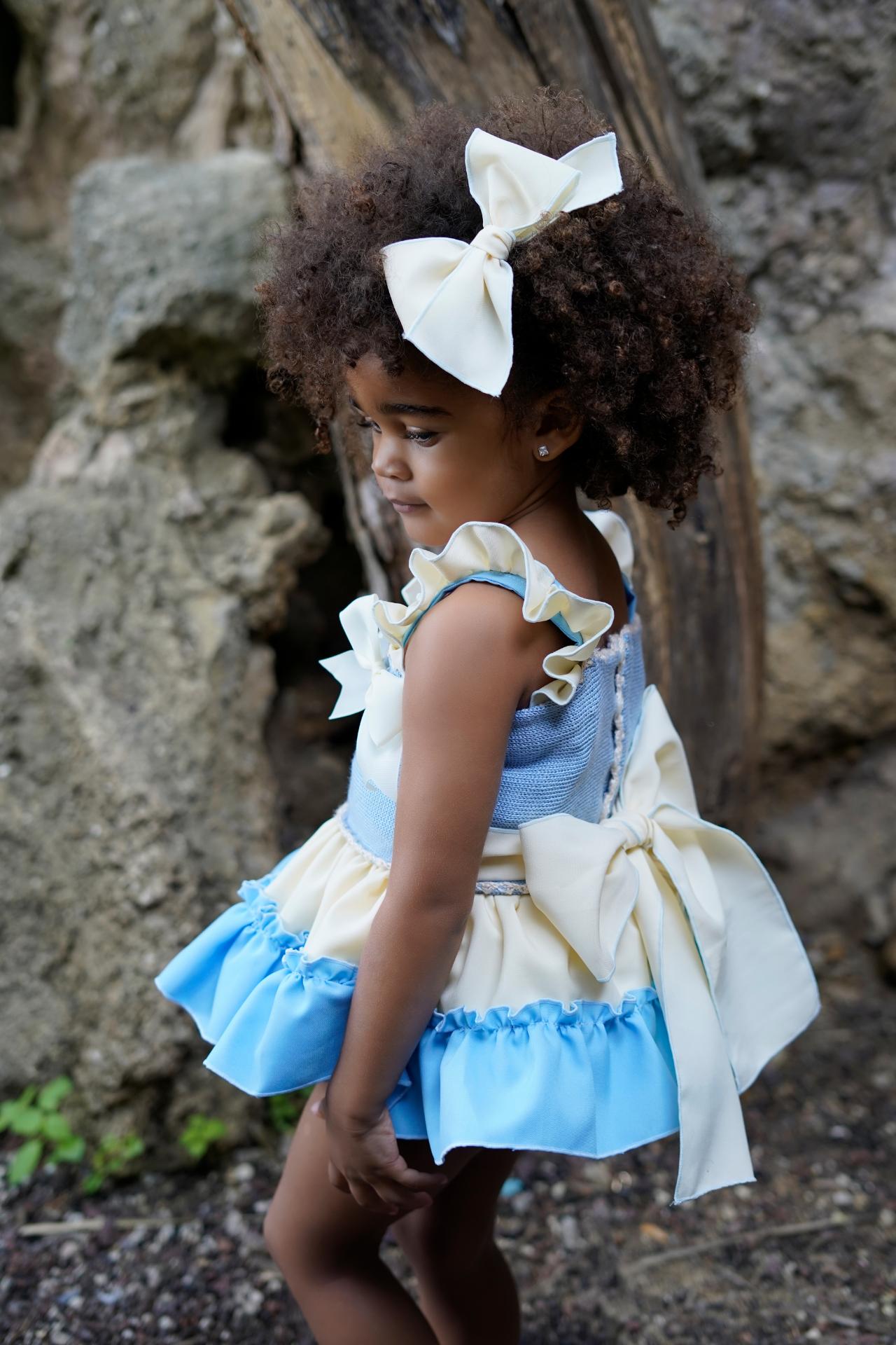 Ela Confeccion Girls Ruffle Summer Dress Panties Hairbow Set X 3 - Blue  Ivory.