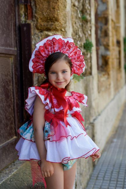 Picture of Ela Confeccion Girls Granada Dress Panties Bonnet Set X 3 - White Blue Red