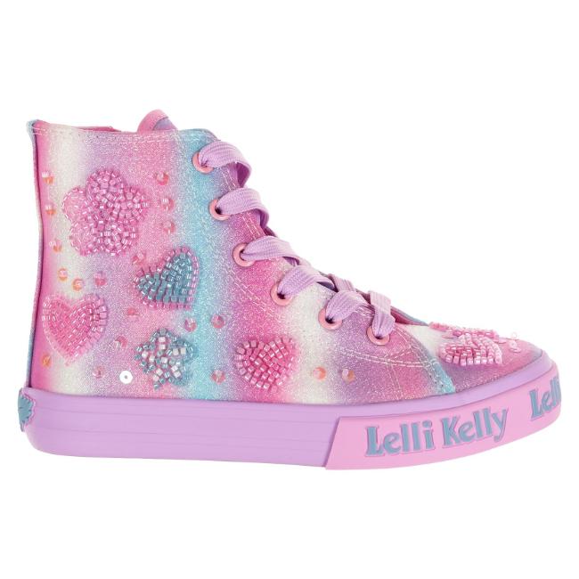 Picture of Lelli Kelly Penelope Mid Canvas Beaded Heart Boot With Inside Zip - Lilla Multi