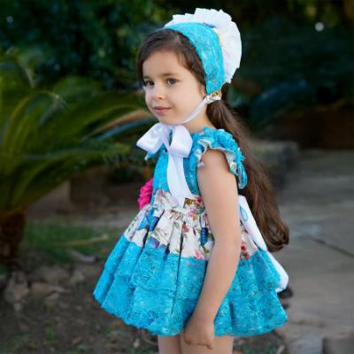 Picture of Ela Confeccion Girls Elsa Dress Panties Bonnet Set X 3 - White Turquoise Blue 