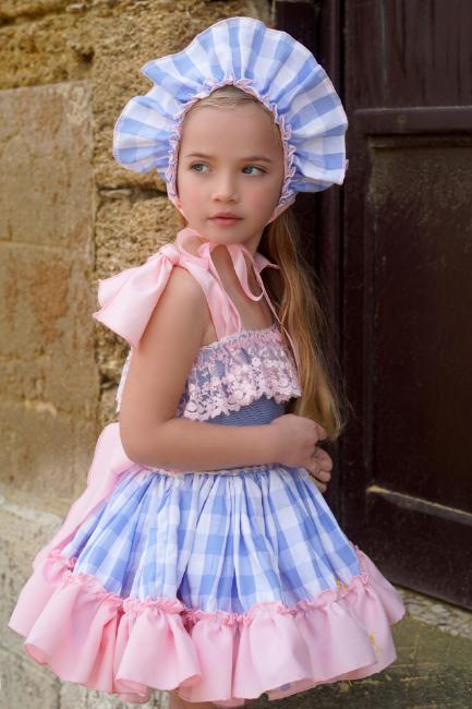 Picture of Ela Confeccion Girls Catalina Dress Panties Bonnet Set X 3 - Pink Blue 