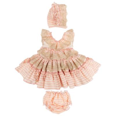 Picture of Ela Confeccion Girls Ruffle Dress Panties Bonnet Set X 3 - Ivory Pink Gold Lace