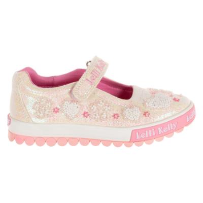 Picture of Lelli Kelly Cressida Beaded Heart Flat Glitter Roller Sole Pump - White Pink 