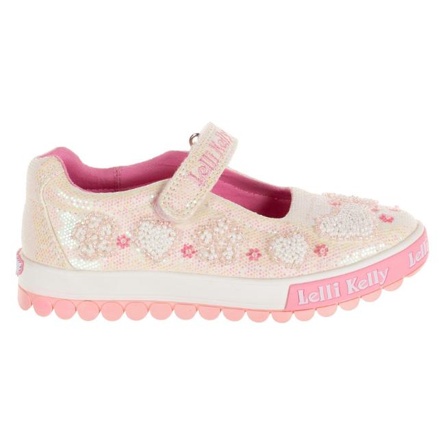 Picture of Lelli Kelly Cressida Beaded Heart Flat Glitter Roller Sole Pump - White Pink 