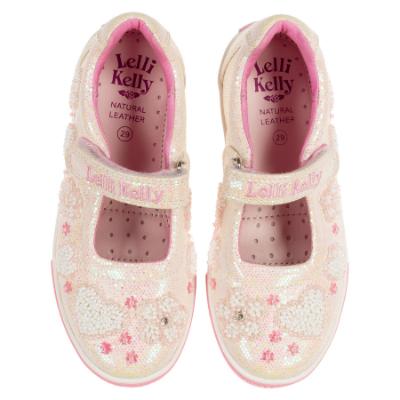 Picture of Lelli Kelly Cressida Beaded Heart Flat Glitter Roller Sole Pump - White Pink 