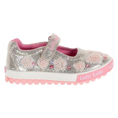 Picture of Lelli Kelly Cressida Beaded Heart Flat Glitter Roller Sole Pump - Silver Pink