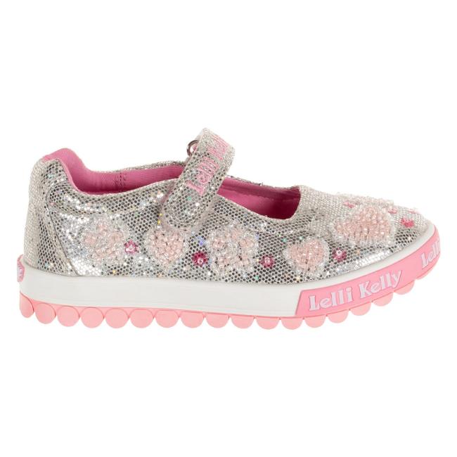 Picture of Lelli Kelly Cressida Beaded Heart Flat Glitter Roller Sole Pump - Silver Pink