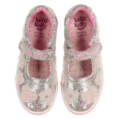 Picture of Lelli Kelly Cressida Beaded Heart Flat Glitter Roller Sole Pump - Silver Pink