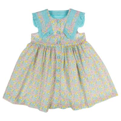Picture of Foque Girls Open Back Dress With Oversized Collar - Turquoise Pink Floral