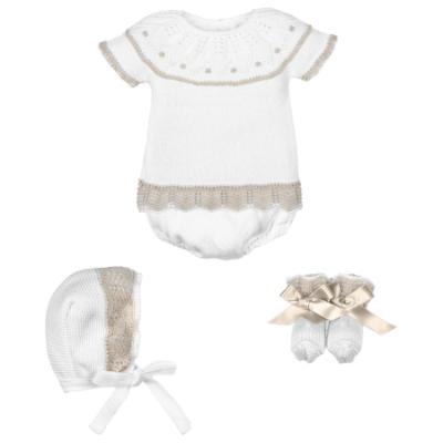 Picture of Mac Ilusion Baby Glossy Collection Girls Jampant Bonnet Booties Set X 4 - White Beige