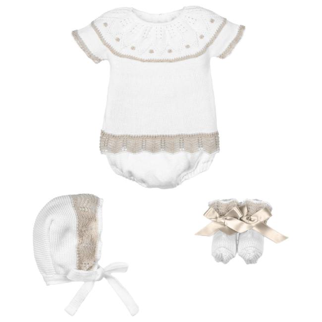 Picture of Mac Ilusion Baby Glossy Collection Girls Jampant Bonnet Booties Set X 4 - White Beige