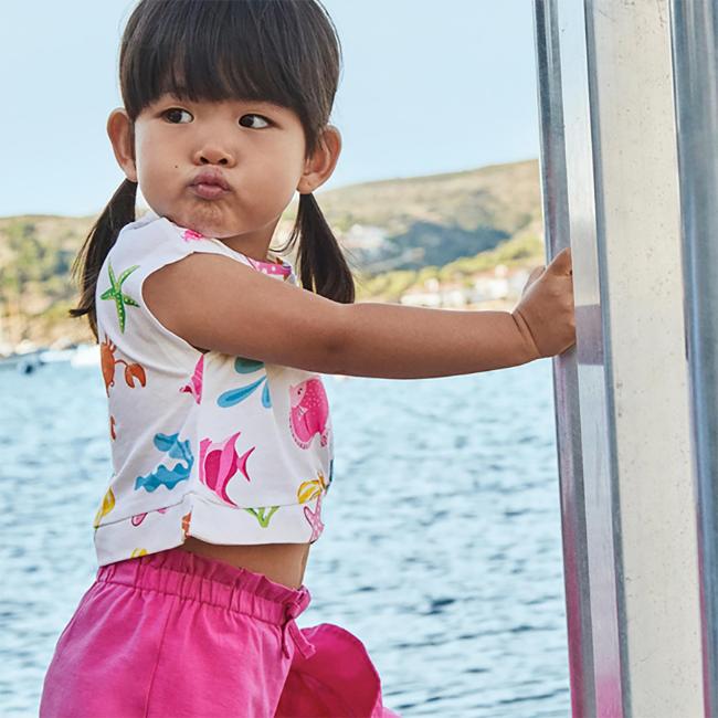 Picture of Mayoral Toddler Girls Summer Sealife Shorts With X 2 Tops Set X 3 - Fucsia White 