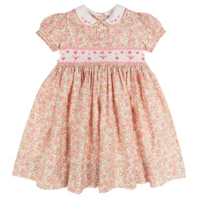 Picture of Sarah Louise Girls Smocked Bodice Puff Sleeve Ditsy Floral Dress - Pink