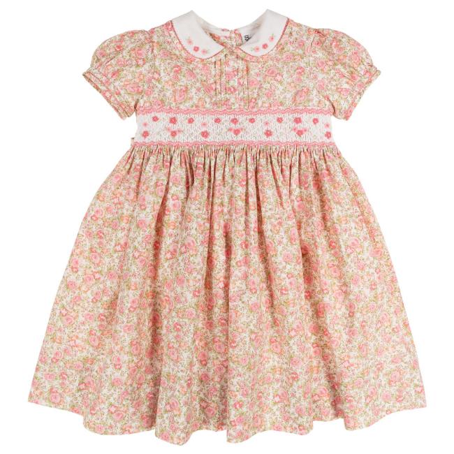 Picture of Sarah Louise Girls Smocked Bodice Puff Sleeve Ditsy Floral Dress - Pink