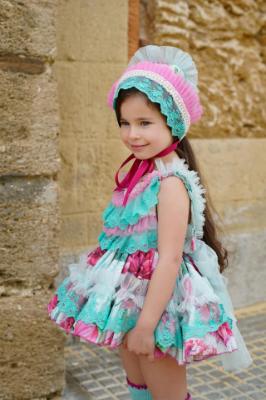 Picture of Ela Confeccion Girls Vega Dress Panties Bonnet Set X 3 - Aqua Green Fuscia