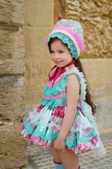Picture of Ela Confeccion Girls Vega Dress Panties Bonnet Set X 3 - Aqua Green Fuscia