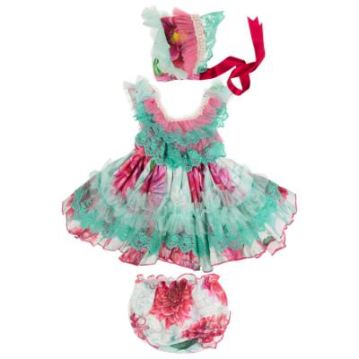 Picture of Ela Confeccion Girls Vega Dress Panties Bonnet Set X 3 - Aqua Green Fuscia