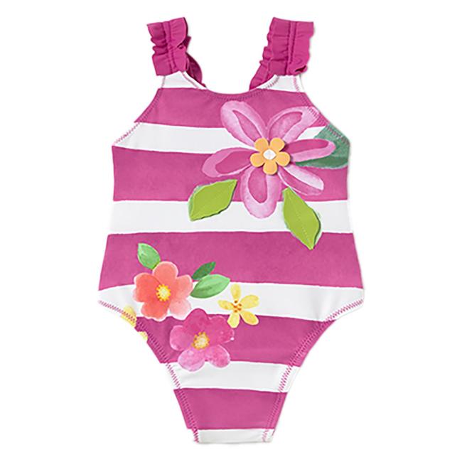 Picture of Mayoral Toddler Girls Summer Flowers Print Stripe Swimsuit - Fucsia Pink