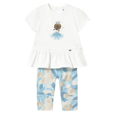 Picture of Mayoral Toddler Girls Summer Ruffle Tunic & Leggings Set X 2 - Ivory Blue Beige