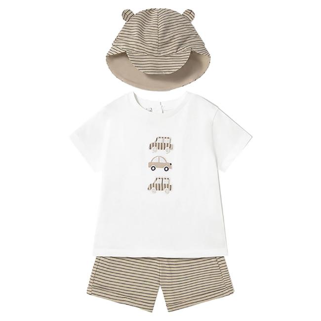 Picture of Mayoral Toddler Boys Summer T-shirt, Shorts & Sunhat Set  X 3 - Ivory Beige