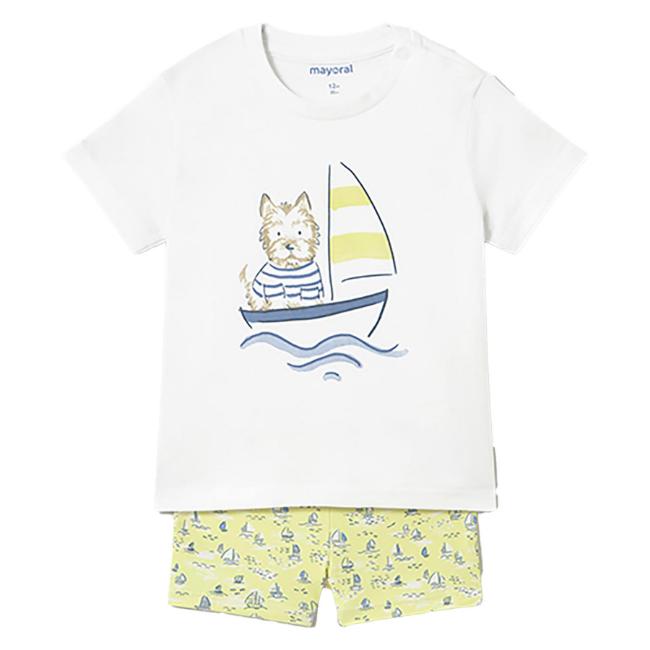 Picture of Mayoral Toddler Boys Summer T-shirt & Sailboat Swim Shorts Set  X 2 - White Blue Acid Yellow