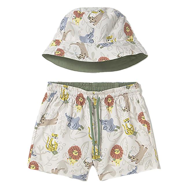 Picture of Mayoral Toddler Boys Summer Swim Shorts & Reversible Sunhat Set  X 2 - Cream Khaki