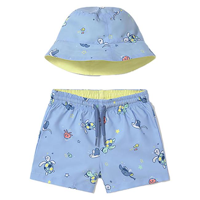 Picture of Mayoral Toddler Boys Summer Swim Shorts & Reversible Sunhat Set  X 2 - Blue Acid Yellow