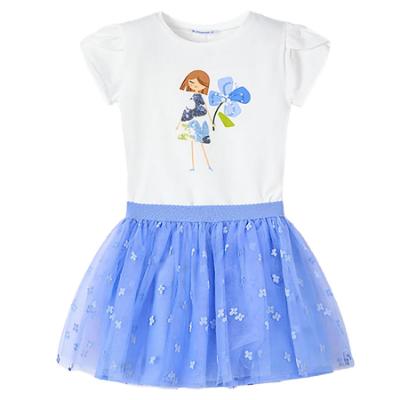 Picture of Mayoral Girls Summer T-shirt & Tulle Skirt Set X 2 - White Anil Blue