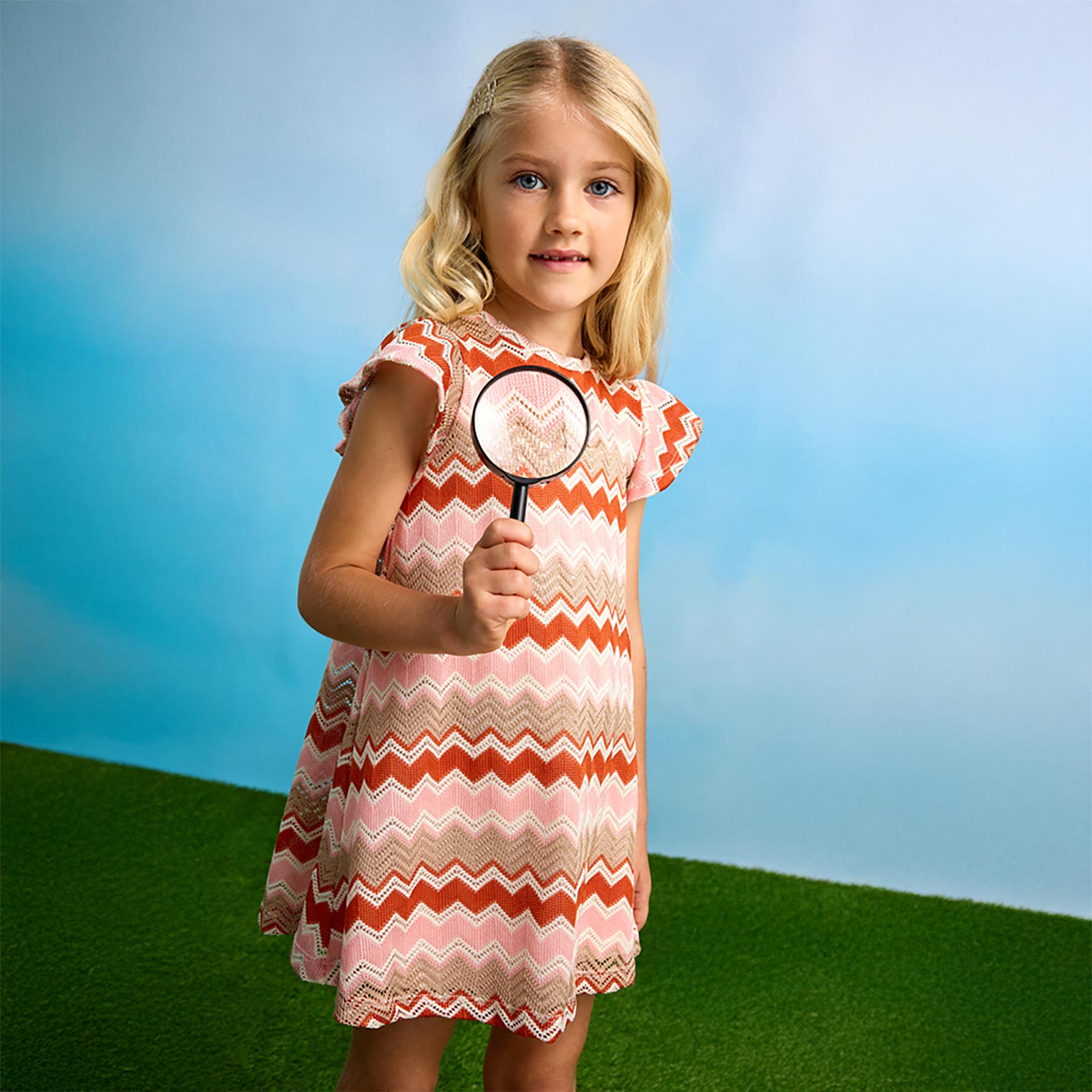 Mayoral Girls Summer Ruffle Sleeve Zig Zag A Line Dress Salmon
